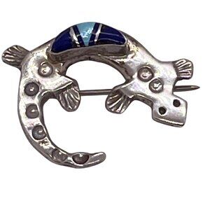 Native American Navajo Sterling Lizard Gecko Pin Brooch Mosaic Inlay Signed VTG